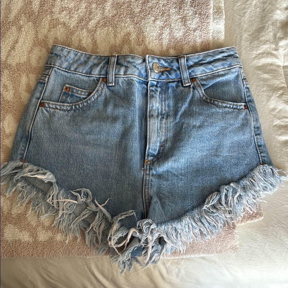 Topshop Blue Jean Shorts Distressed Frayed Hem